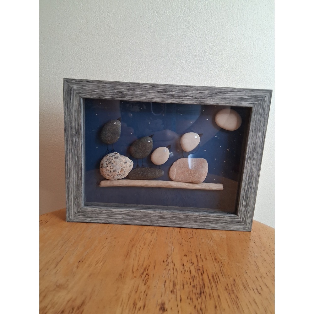 Pebble Art Birds Family Shadow Box Wall Decor Gray Frame Night Sky 3D Stone Art